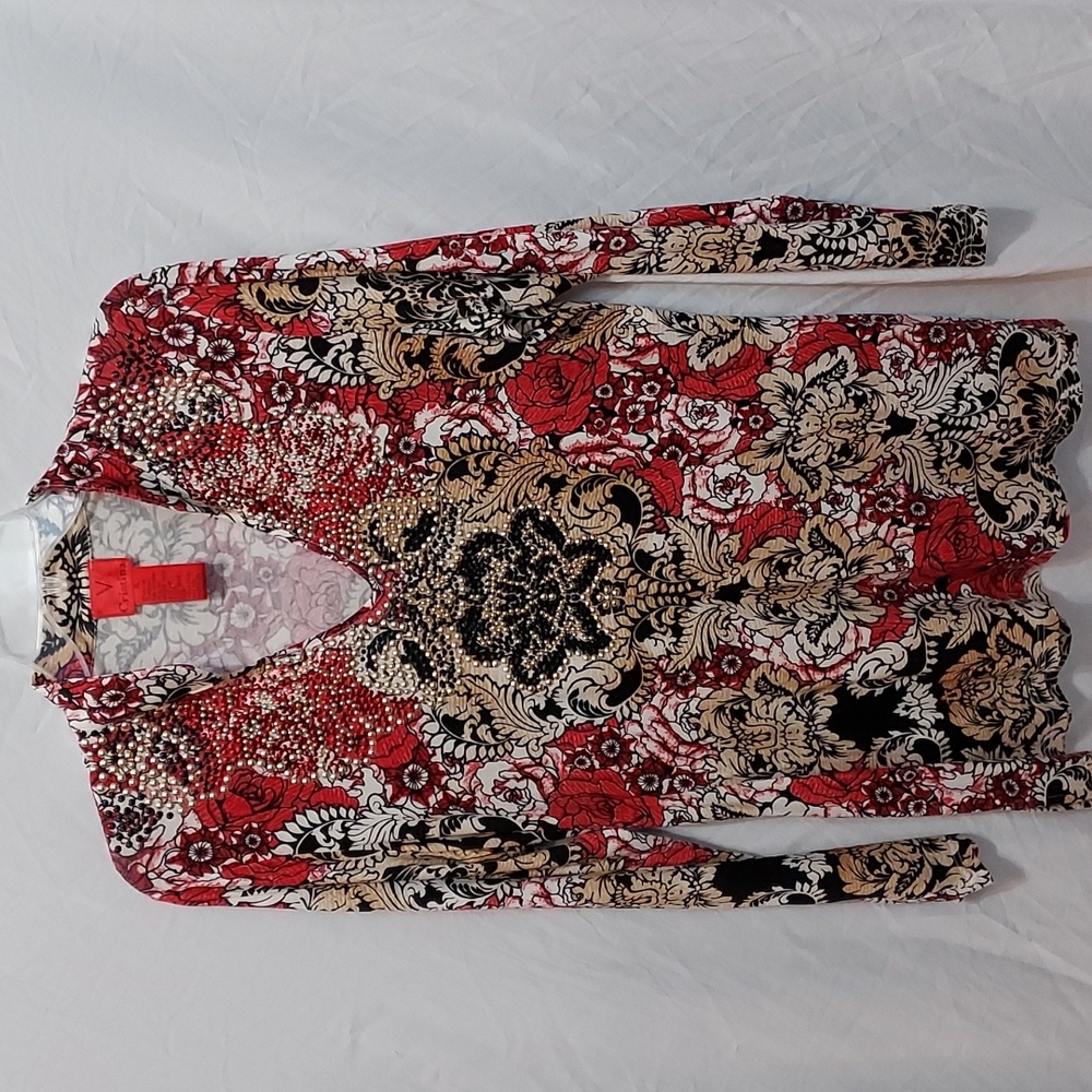 Gorgeous V Cristina long sleeve floral print blouse Red,Black,gold studded.  XL